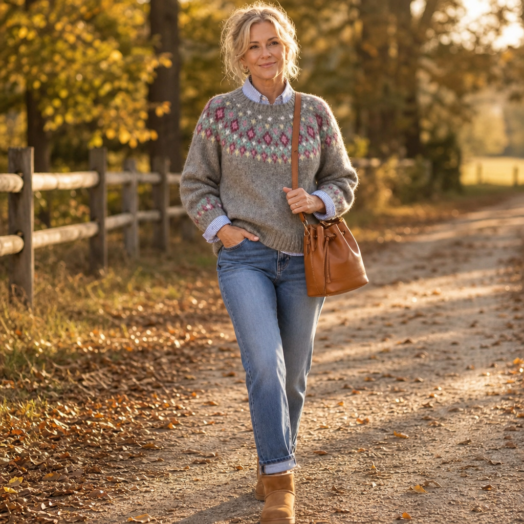 Women's Sweater | Fair Isle Yoke Crew Neck Pullover