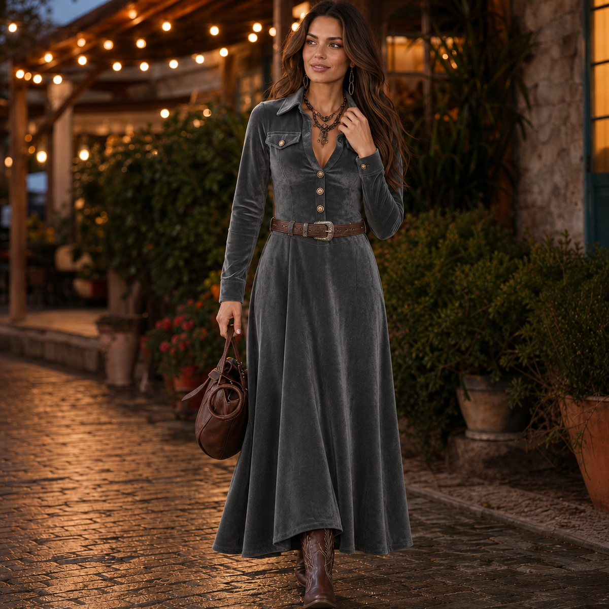 Women's Velvet Dress | Button Front A Line Maxi