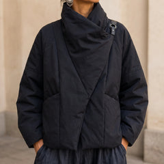 Women's Puffer Jacket | Asymmetric Draped Neck Quilted