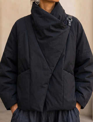 Women's Puffer Jacket | Asymmetric Draped Neck Quilted