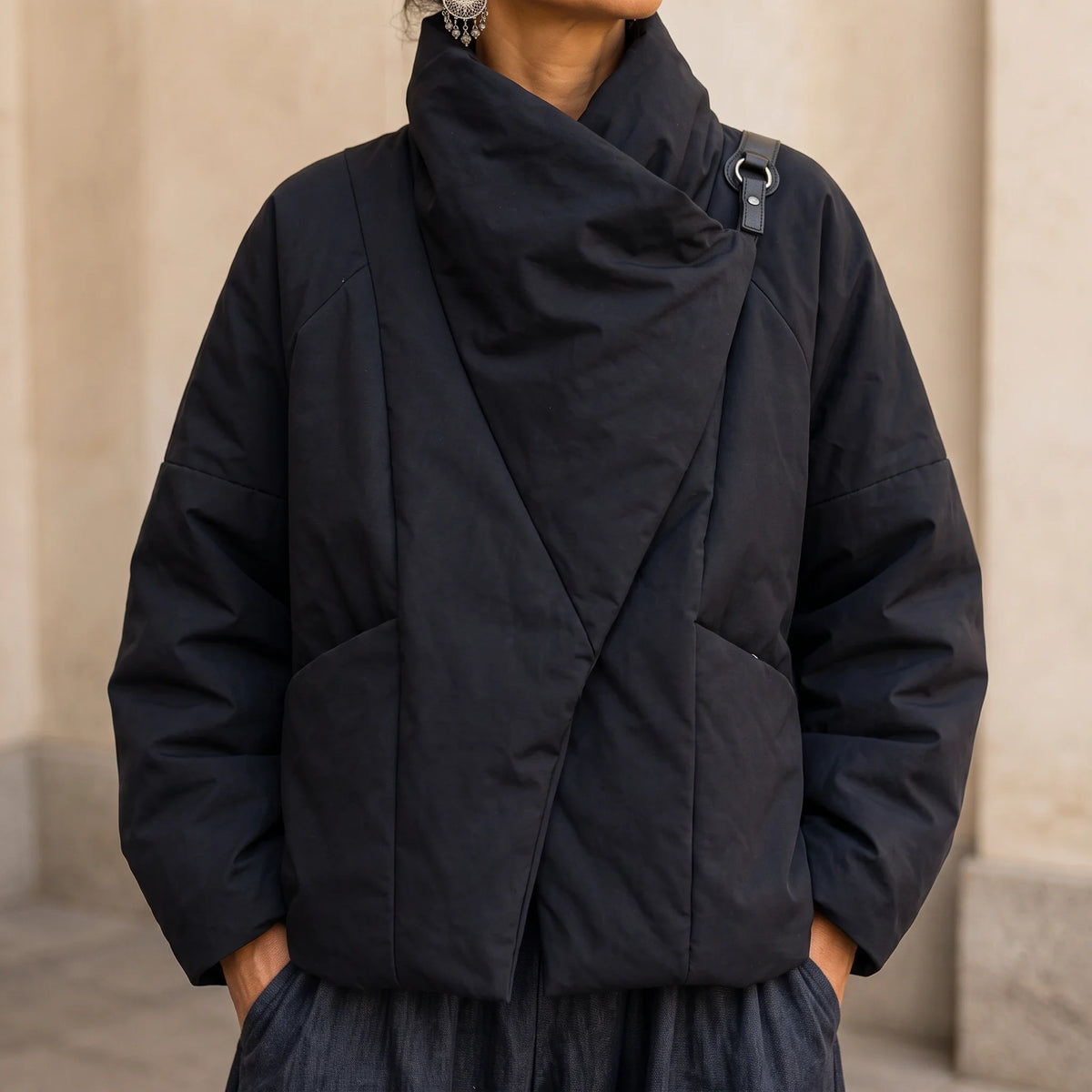 Women's Puffer Jacket | Asymmetric Draped Neck Quilted