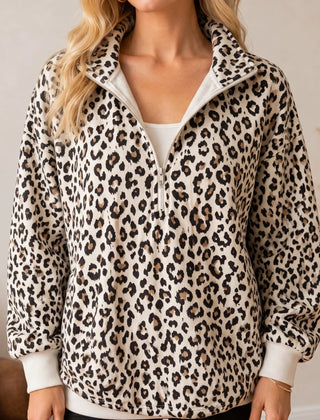 Women's Sweatshirt | Leopard Print Oversized Quarter Zip
