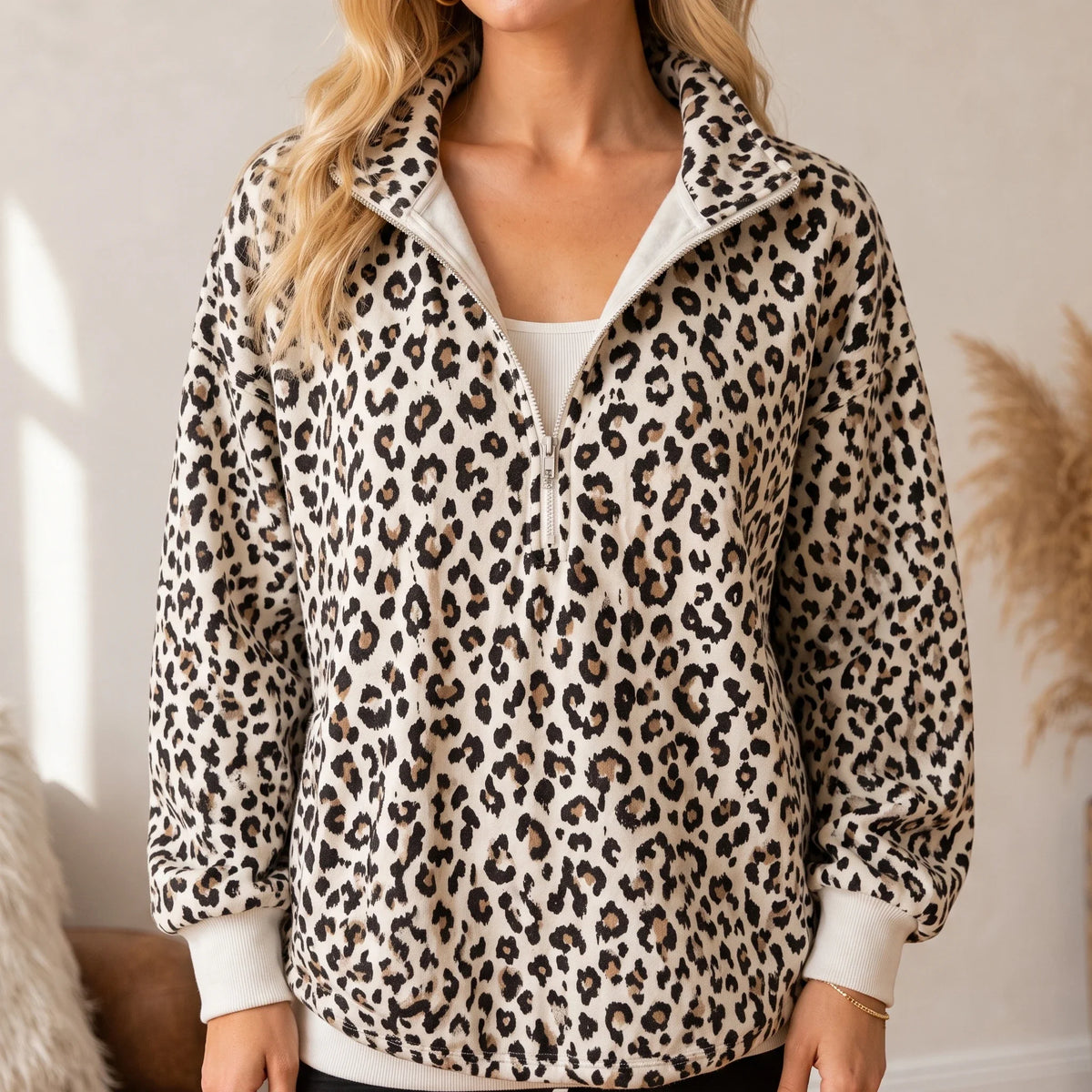 Women's Sweatshirt | Leopard Print Oversized Quarter Zip
