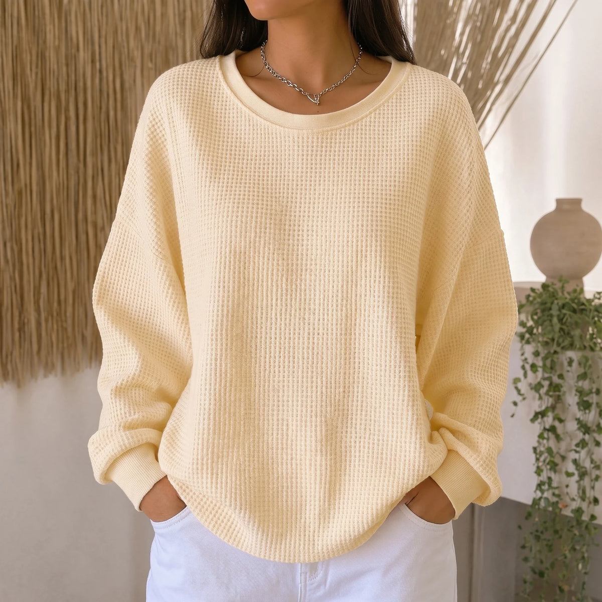 Women's Sweater | Waffle Knit Round Neck Pullover