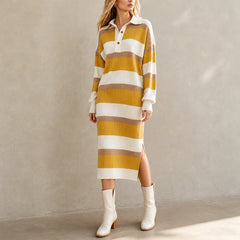 Women's Sweater Dress | Striped Knit Polo Collar Midi