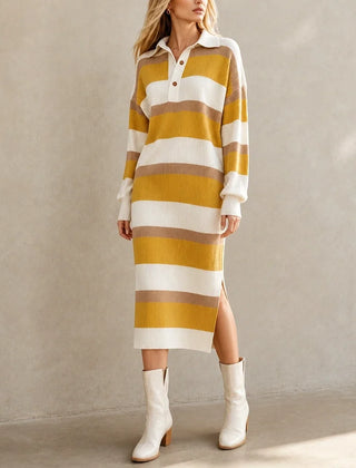 Women's Sweater Dress | Striped Knit Polo Collar Midi