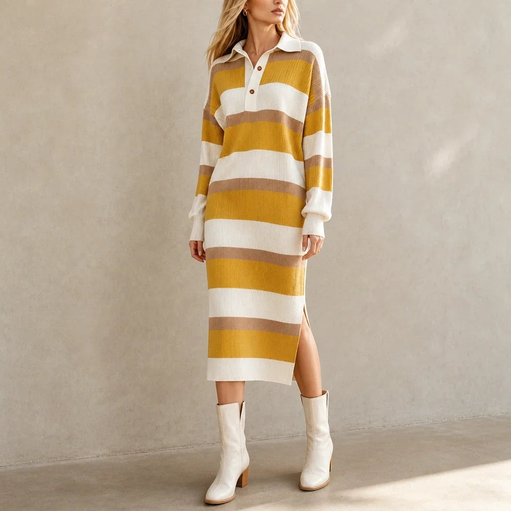 Women's Sweater Dress | Striped Knit Polo Collar Midi