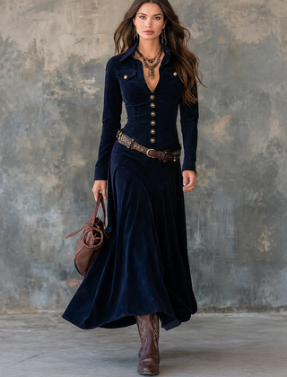 Women's Velvet Dress | Button Front A Line Maxi