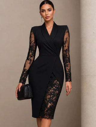 Women's Formal Dress | Lace Sleeve Wrap Asymmetric Hem