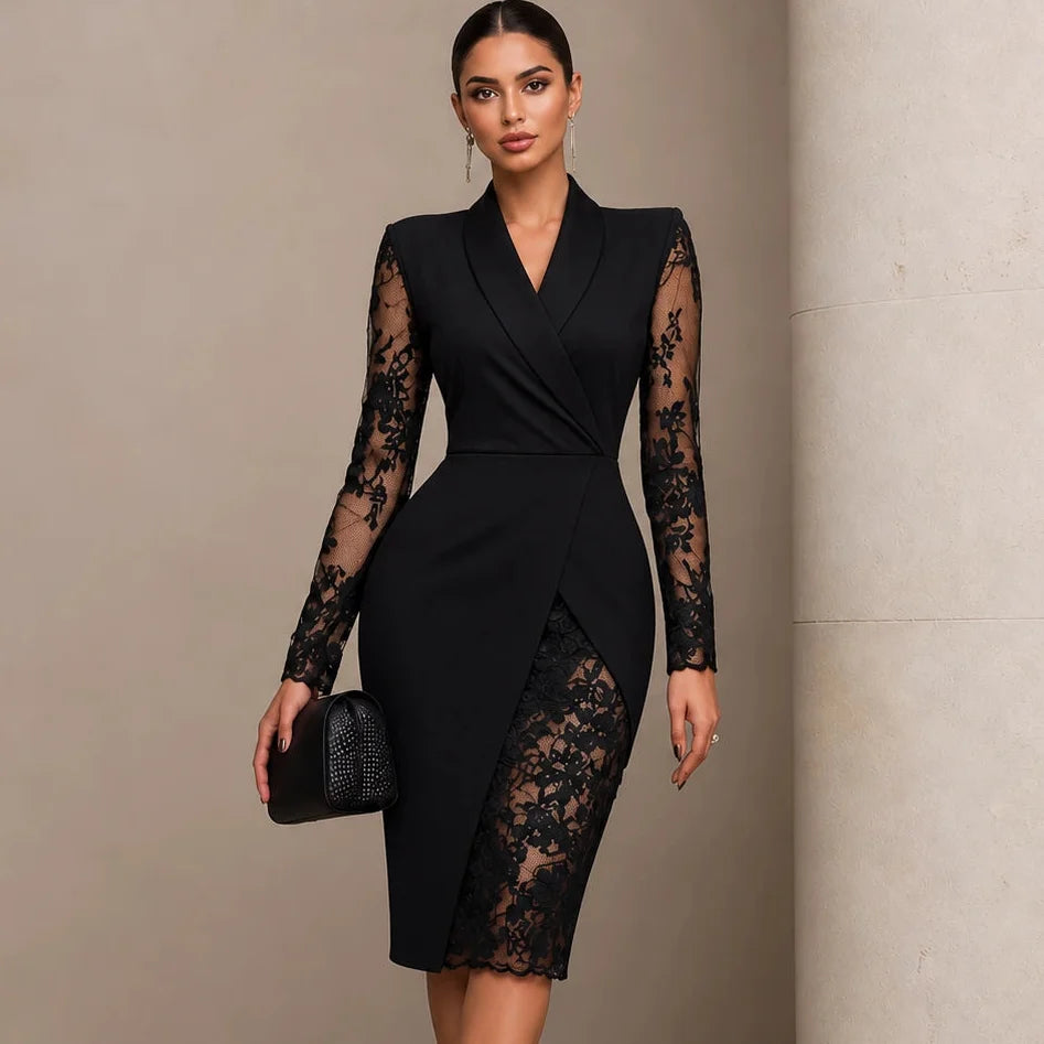 Women's Formal Dress | Lace Sleeve Wrap Asymmetric Hem
