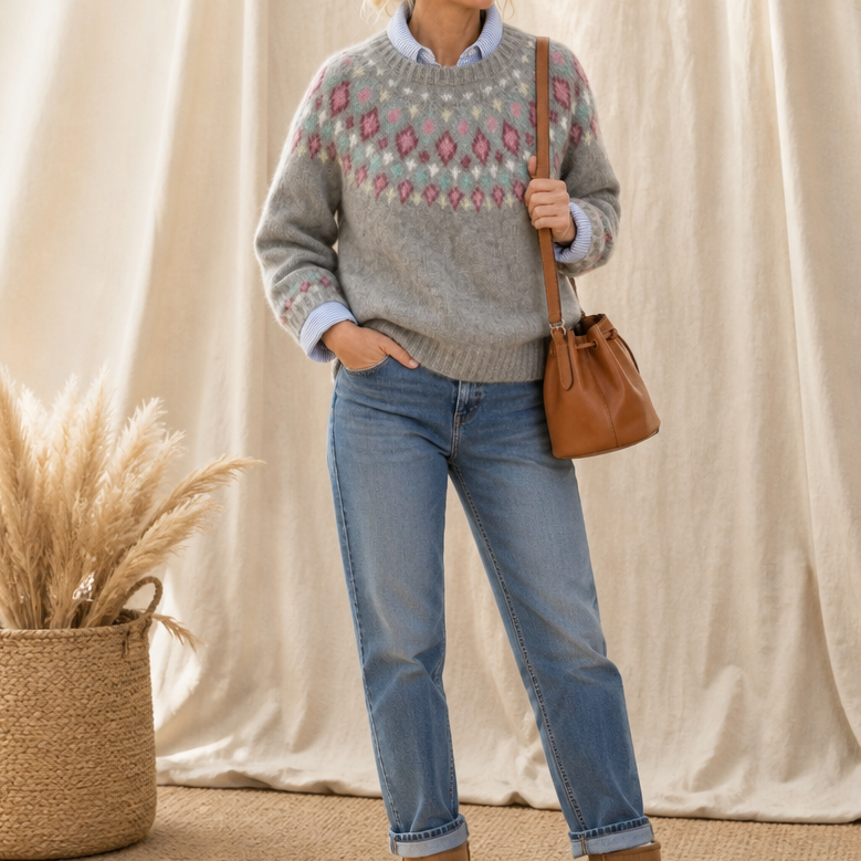 Women's Sweater | Fair Isle Yoke Crew Neck Pullover