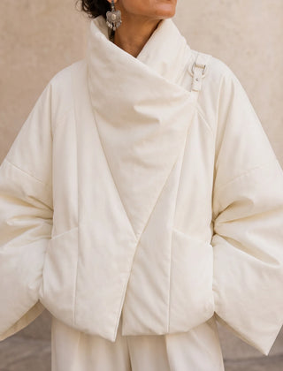 Women's Puffer Jacket | Asymmetric Draped Neck Quilted