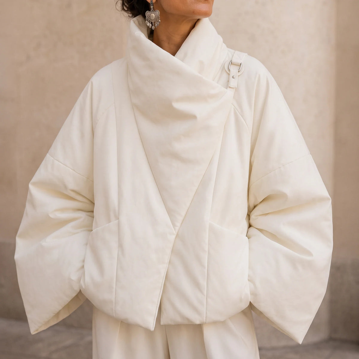 Women's Puffer Jacket | Asymmetric Draped Neck Quilted