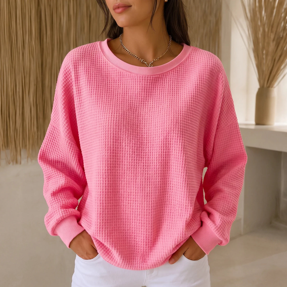 Women's Sweater | Waffle Knit Round Neck Pullover