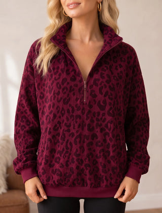 Women's Sweatshirt | Leopard Print Oversized Quarter Zip