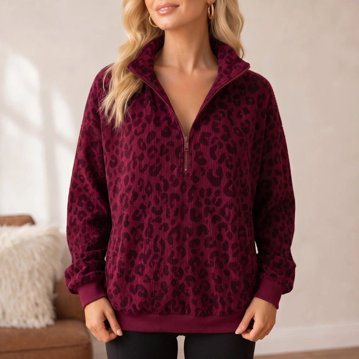 Women's Sweatshirt | Leopard Print Oversized Quarter Zip