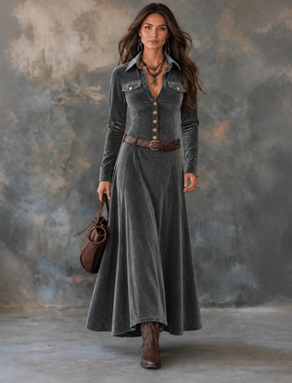 Women's Velvet Dress | Button Front A Line Maxi
