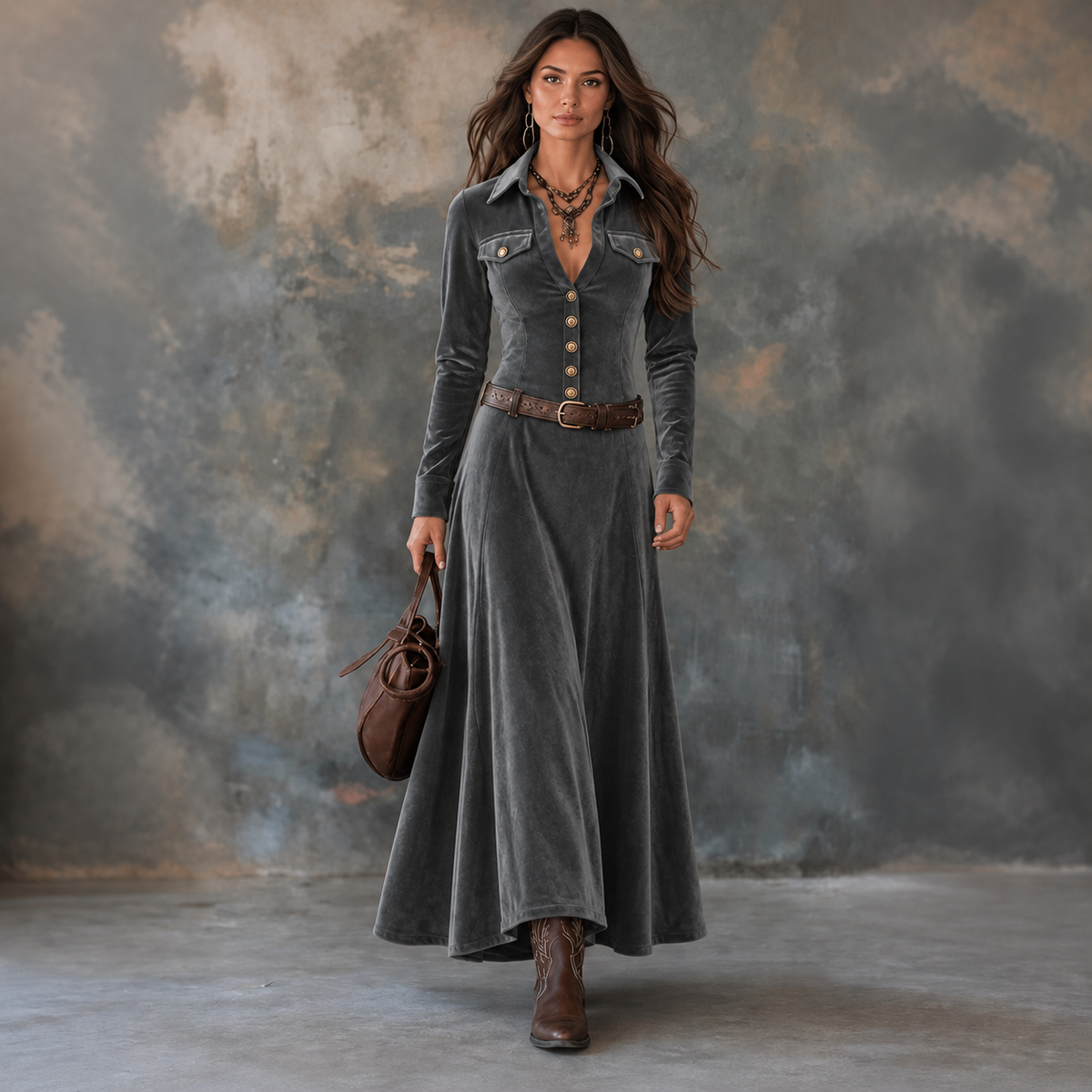 Women's Velvet Dress | Button Front A Line Maxi