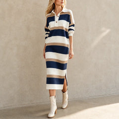 Women's Sweater Dress | Striped Knit Polo Collar Midi