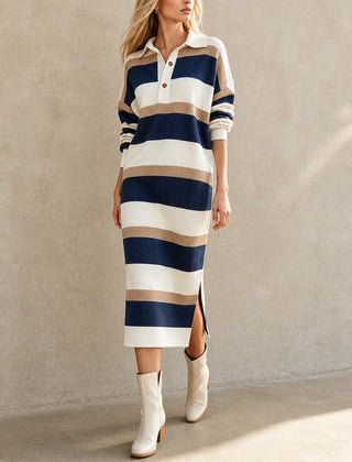 Women's Sweater Dress | Striped Knit Polo Collar Midi