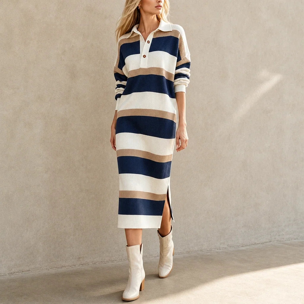 Women's Sweater Dress | Striped Knit Polo Collar Midi