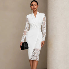 Women's Formal Dress | Lace Sleeve Wrap Asymmetric Hem