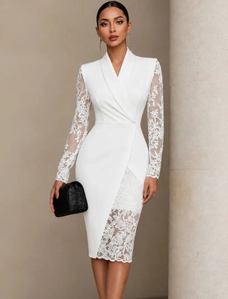 Women's Formal Dress | Lace Sleeve Wrap Asymmetric Hem