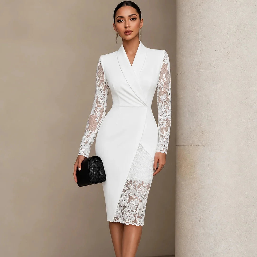 Women's Formal Dress | Lace Sleeve Wrap Asymmetric Hem