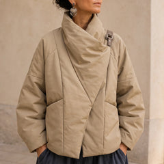 Women's Puffer Jacket | Asymmetric Draped Neck Quilted