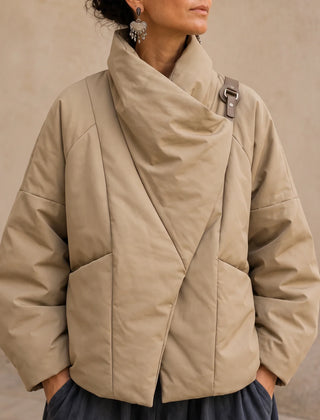 Women's Puffer Jacket | Asymmetric Draped Neck Quilted