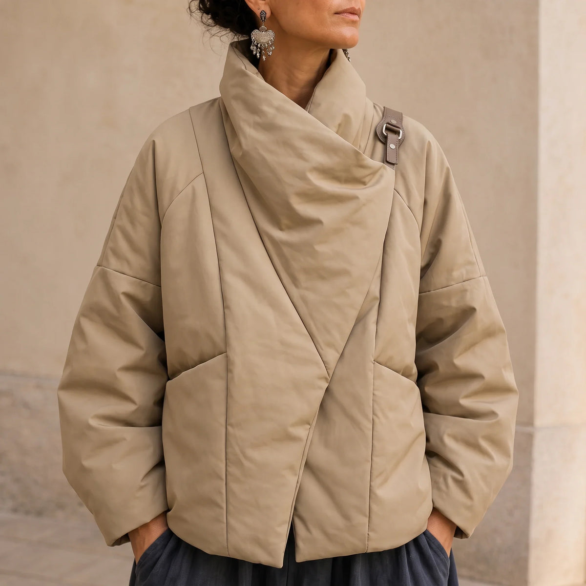 Women's Puffer Jacket | Asymmetric Draped Neck Quilted