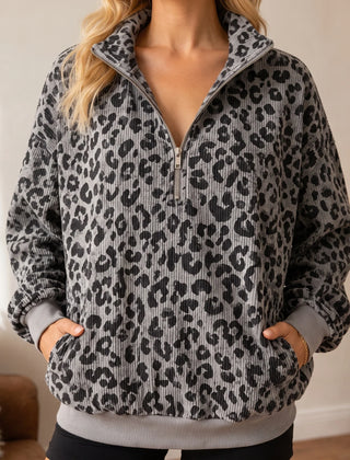 Women's Sweatshirt | Leopard Print Oversized Quarter Zip
