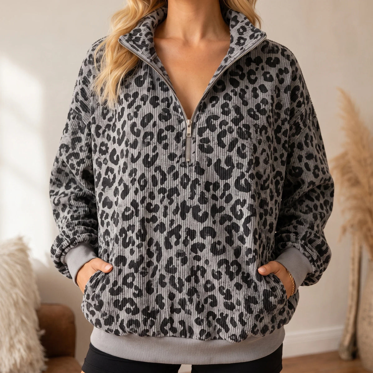 Women's Sweatshirt | Leopard Print Oversized Quarter Zip