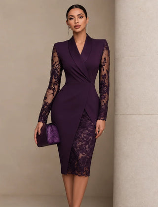 Women's Formal Dress | Lace Sleeve Wrap Asymmetric Hem