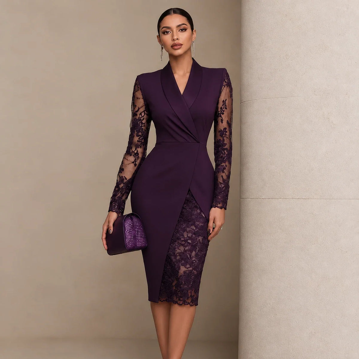 Women's Formal Dress | Lace Sleeve Wrap Asymmetric Hem