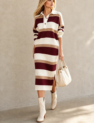 Women's Sweater Dress | Striped Knit Polo Collar Midi