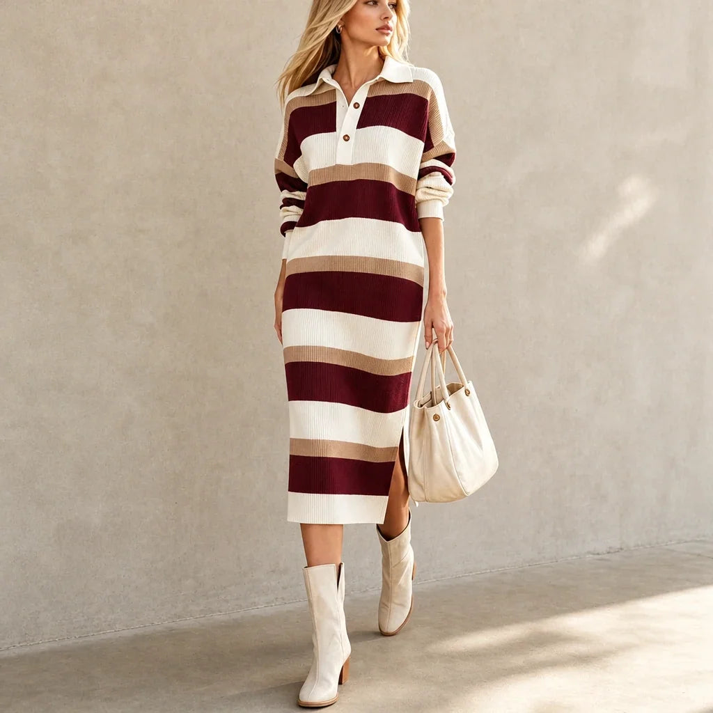 Women's Sweater Dress | Striped Knit Polo Collar Midi