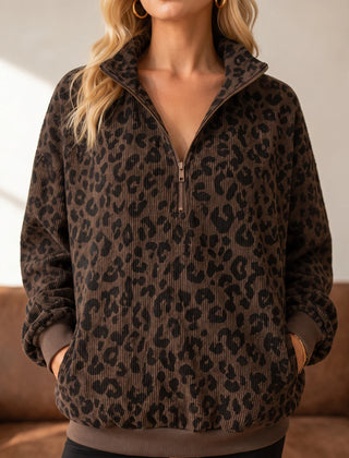 Women's Sweatshirt | Leopard Print Oversized Quarter Zip