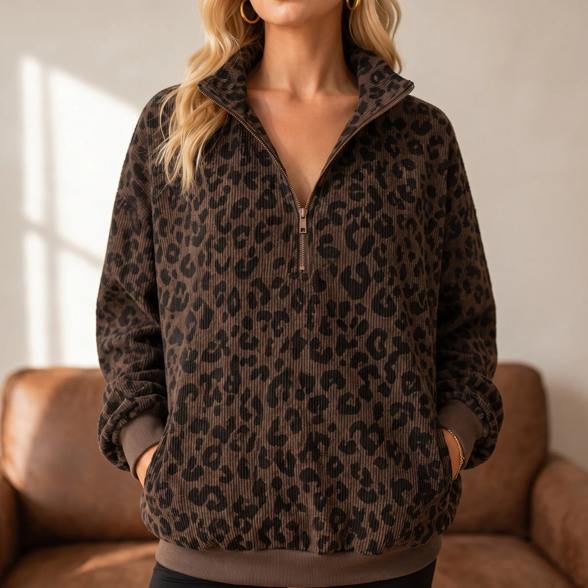 Women's Sweatshirt | Leopard Print Oversized Quarter Zip