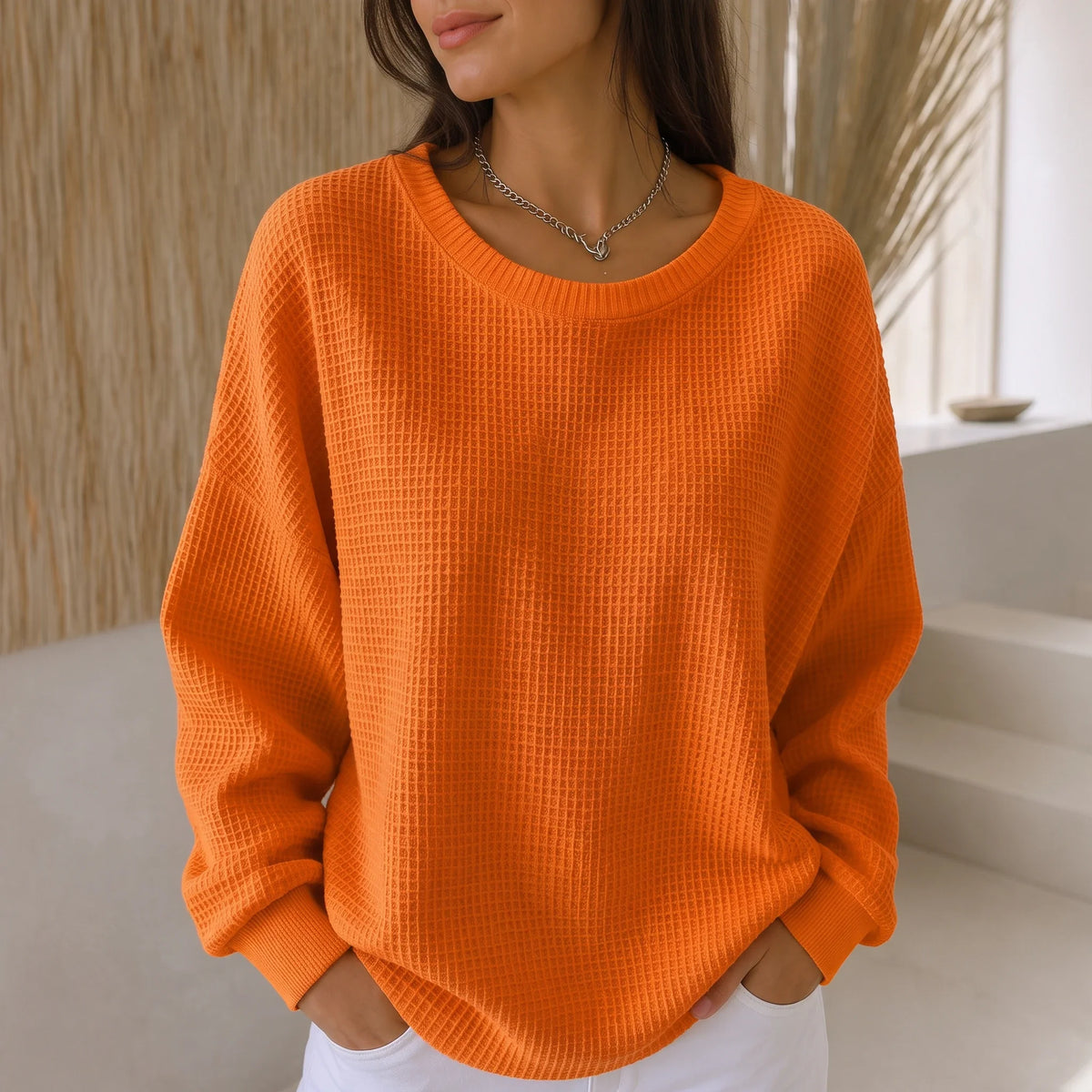 Women's Sweater | Waffle Knit Round Neck Pullover