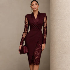 Women's Formal Dress | Lace Sleeve Wrap Asymmetric Hem