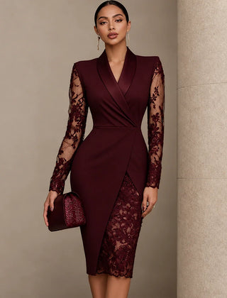 Women's Formal Dress | Lace Sleeve Wrap Asymmetric Hem
