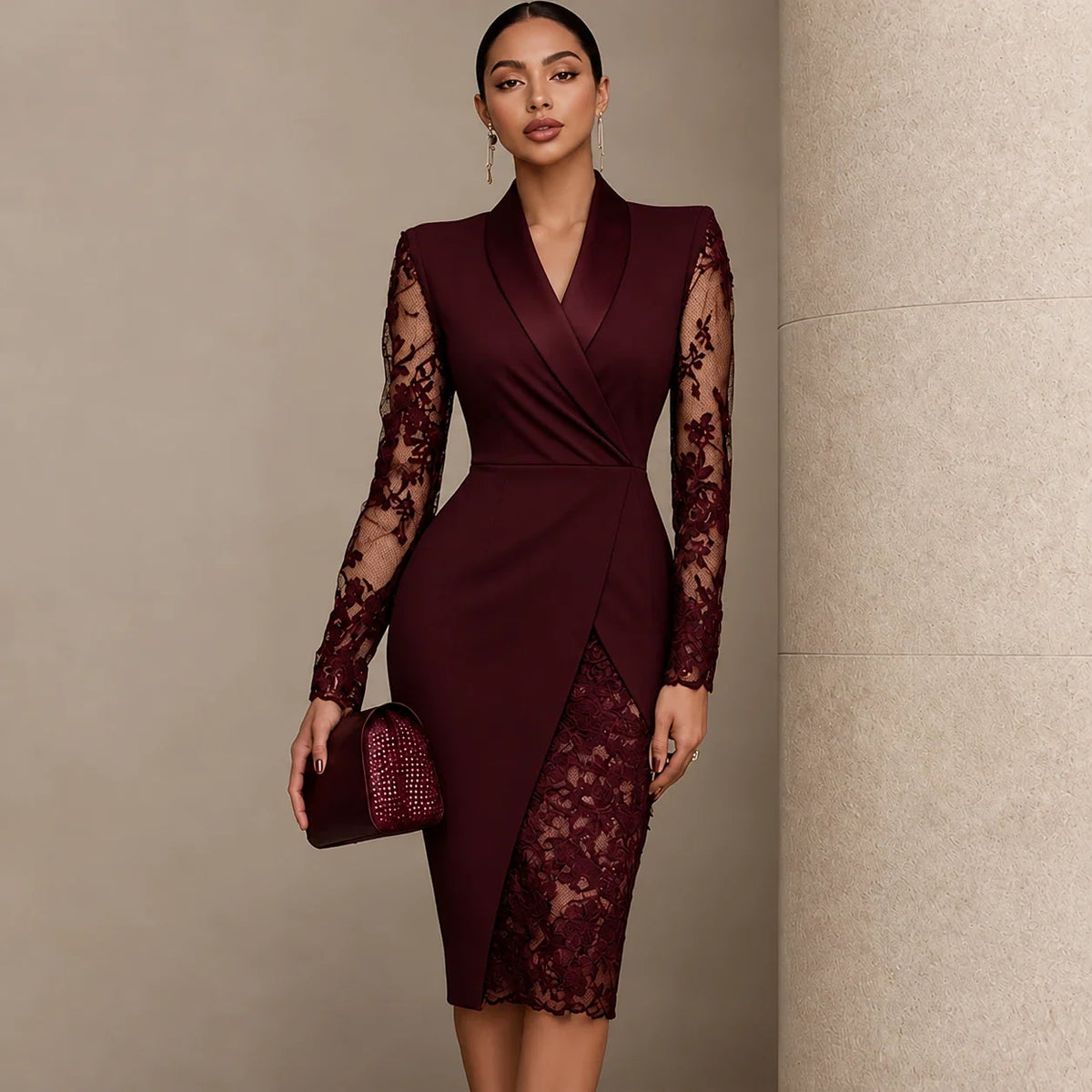 Women's Formal Dress | Lace Sleeve Wrap Asymmetric Hem