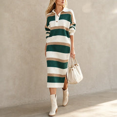 Women's Sweater Dress | Striped Knit Polo Collar Midi