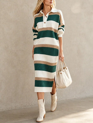 Women's Sweater Dress | Striped Knit Polo Collar Midi