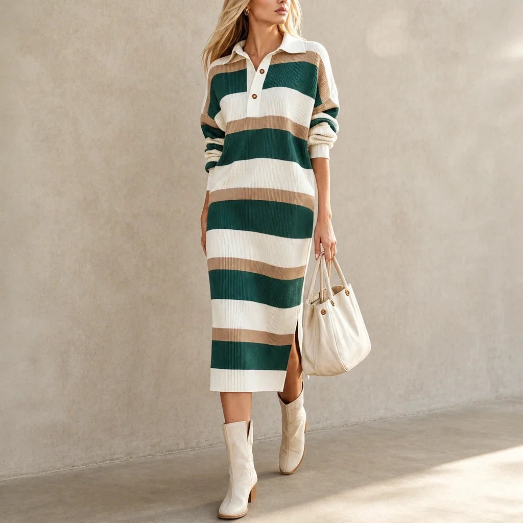 Women's Sweater Dress | Striped Knit Polo Collar Midi