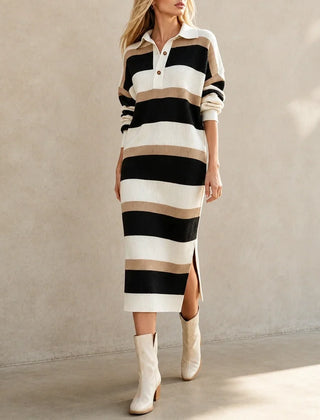 Women's Sweater Dress | Striped Knit Polo Collar Midi