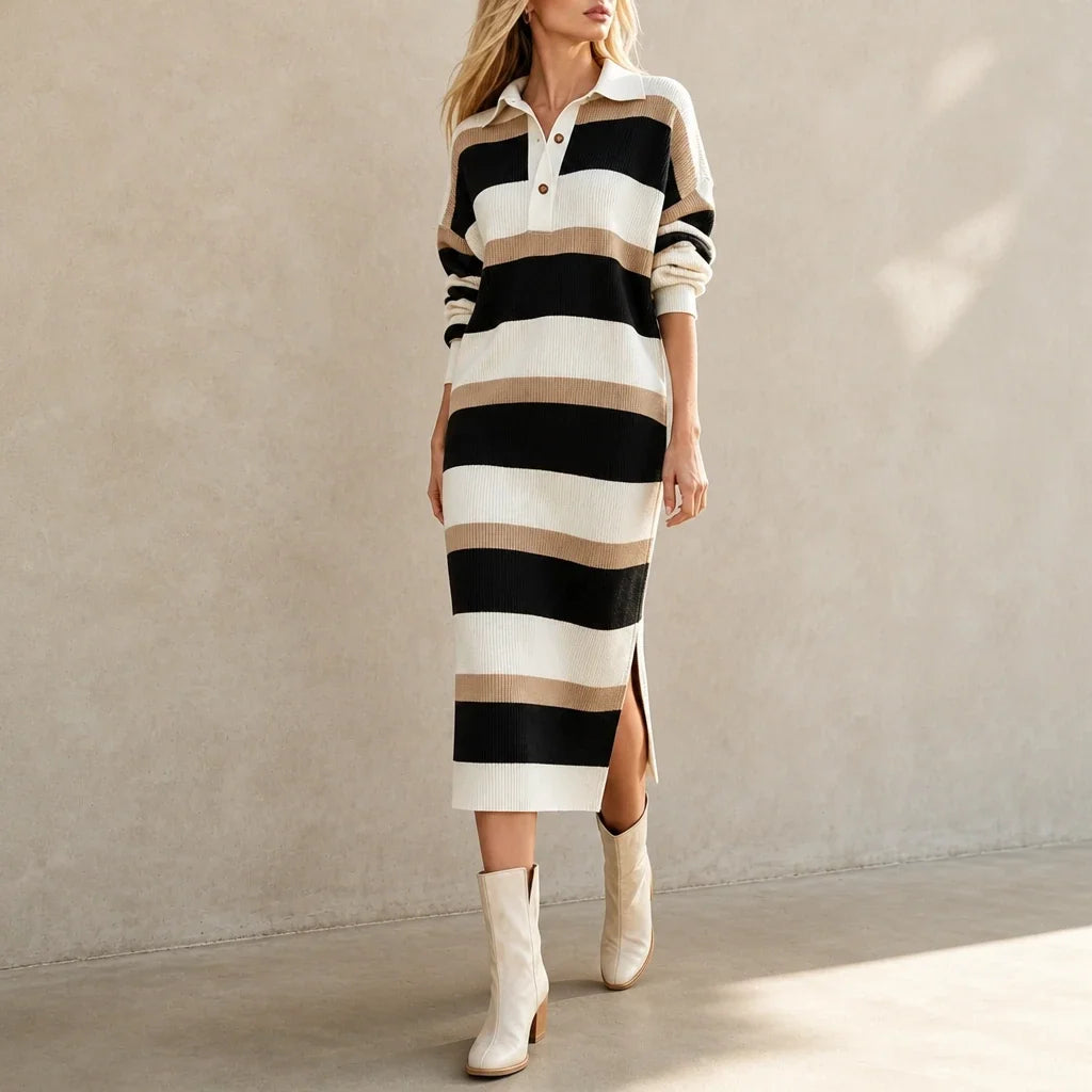 Women's Sweater Dress | Striped Knit Polo Collar Midi