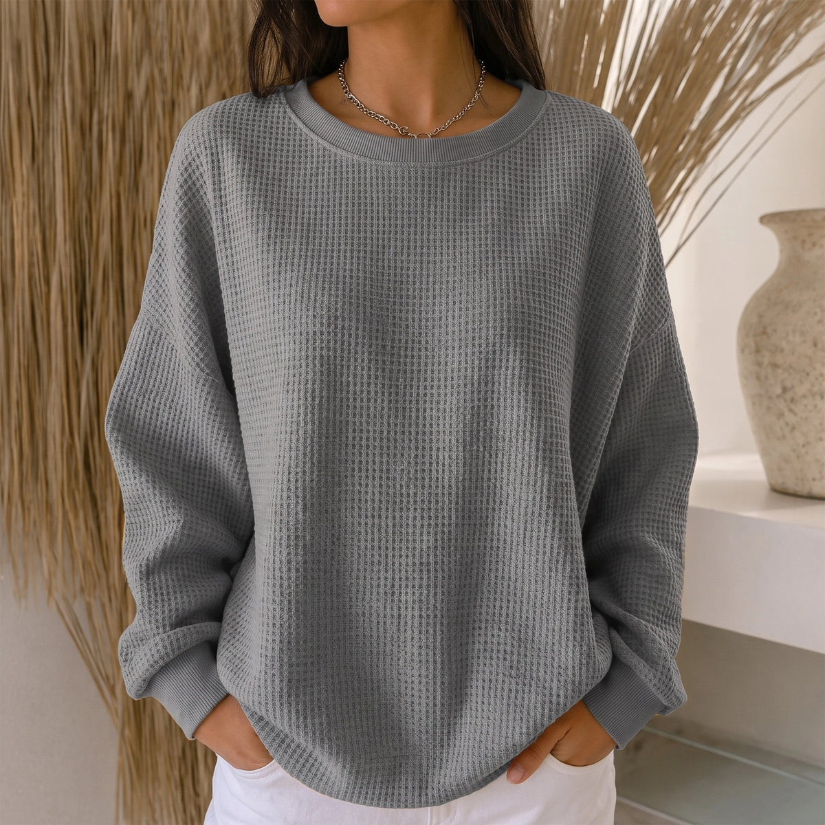 Women's Sweater | Waffle Knit Round Neck Pullover