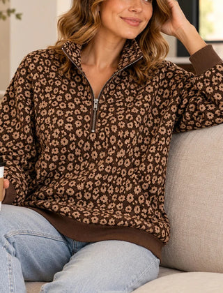 Women's Sweatshirt | Leopard Print Oversized Quarter Zip